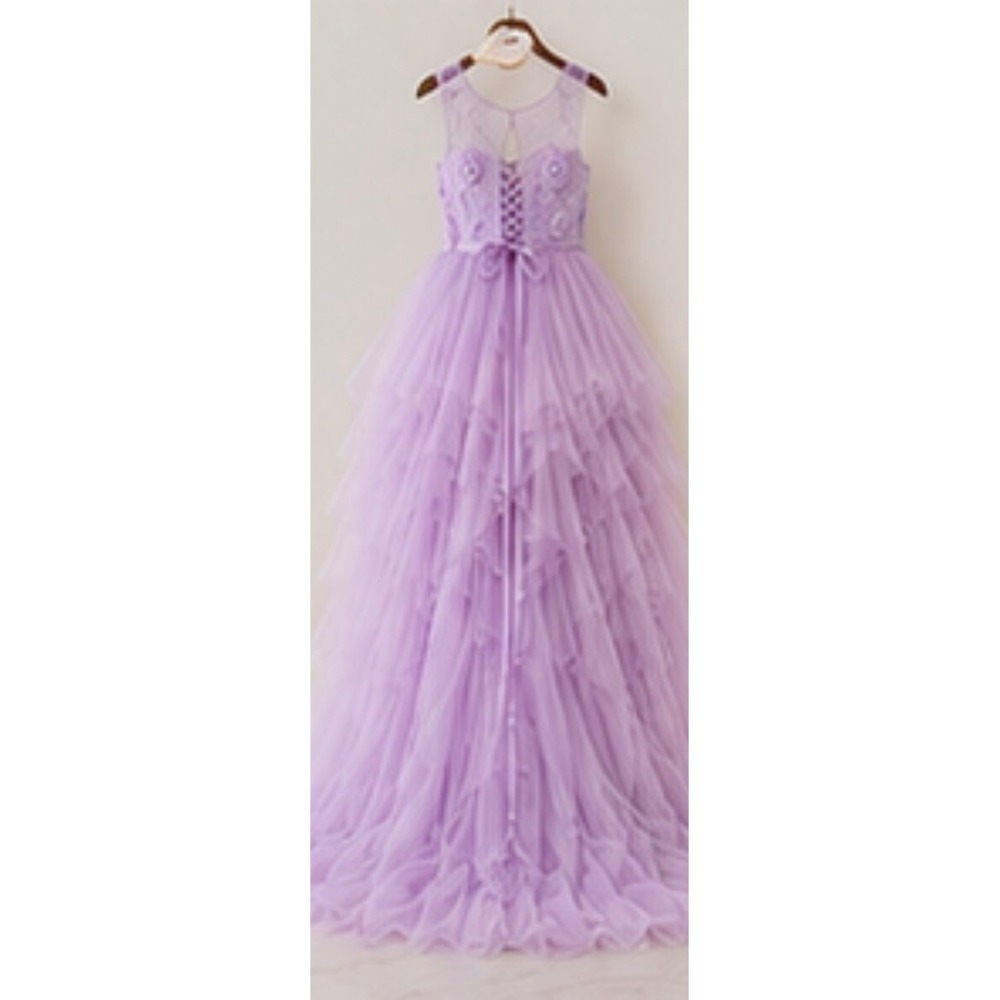 Girls Lavender High Low Flower Girl Dress Lace Tulle Pageant Wedding Train - Picture 6 of 9